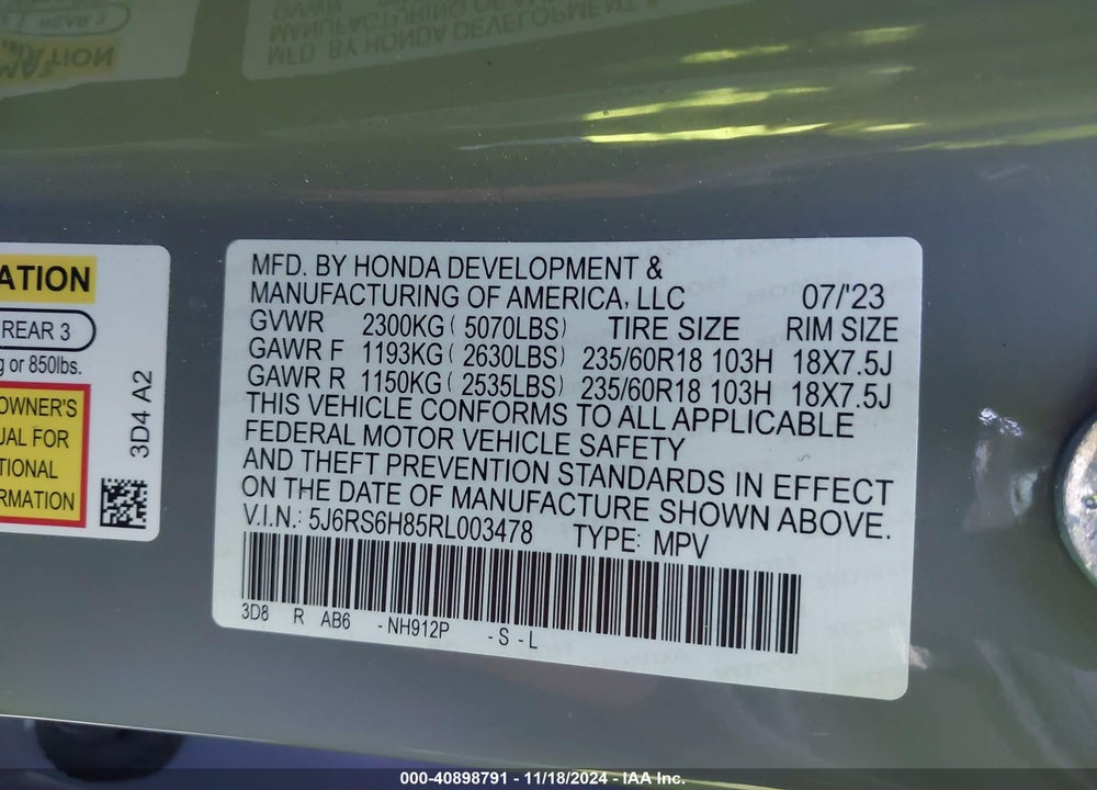 2024 HONDA CR-V HYBRID SPORT-L VIN: 5J6RS6H85RL003478
