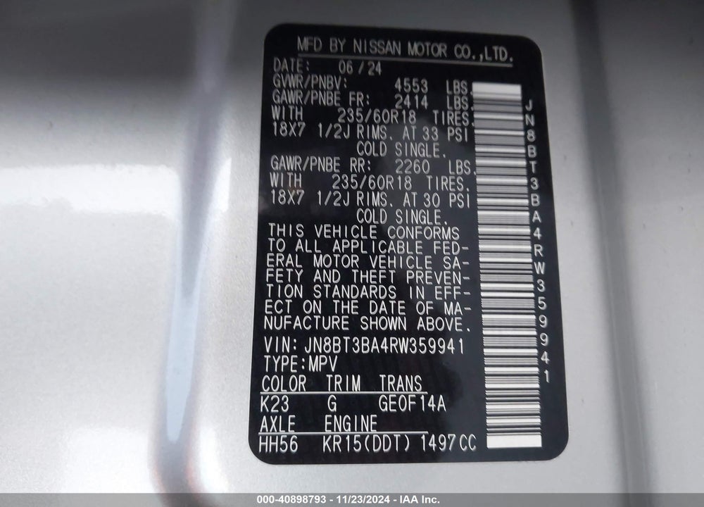 2024 NISSAN ROGUE SV FWD VIN: JN8BT3BA4RW359941