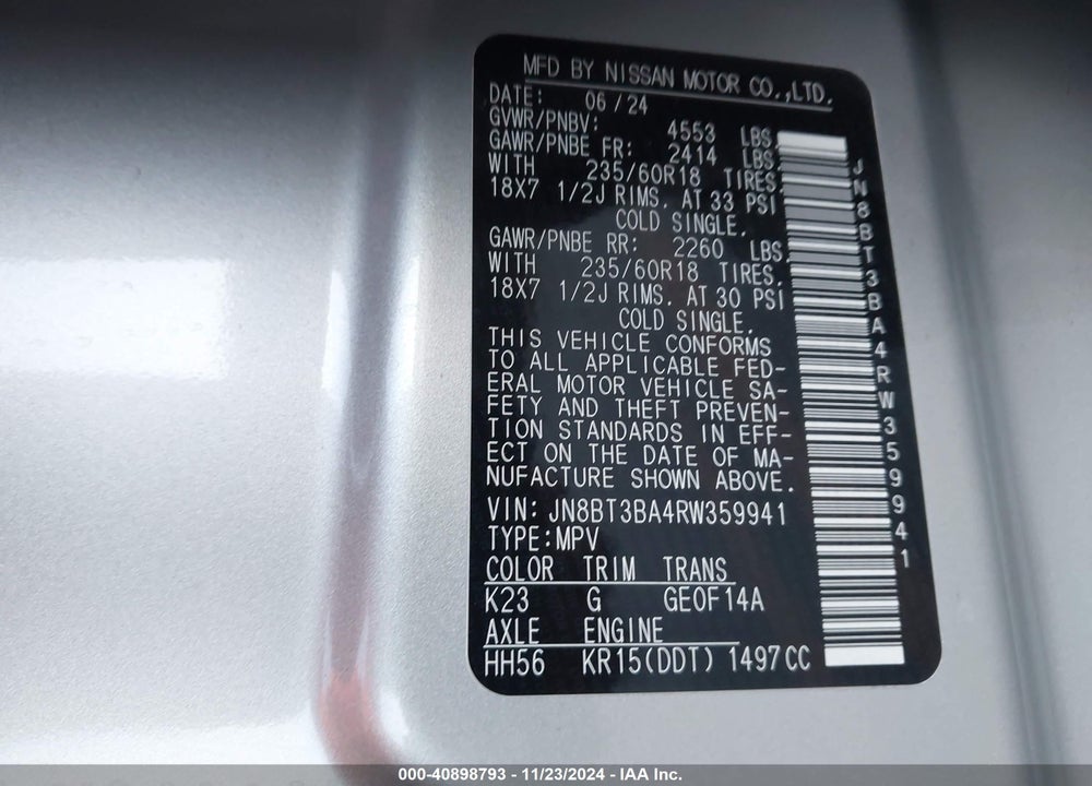 2024 NISSAN ROGUE SV FWD VIN: JN8BT3BA4RW359941