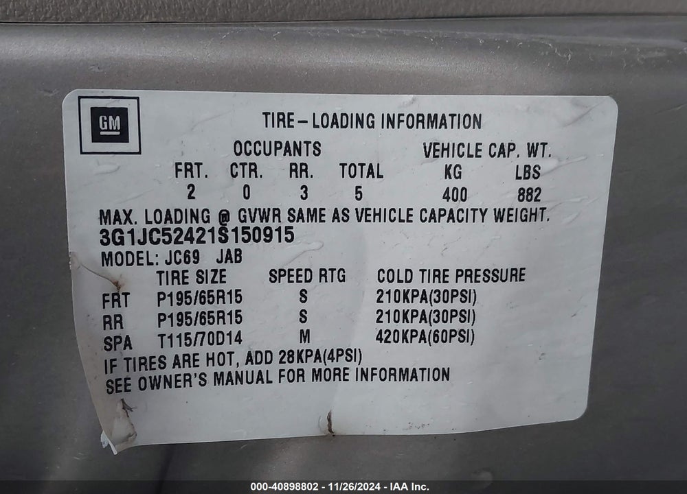 2001 CHEVROLET CAVALIER VIN: 3G1JC52421S150915