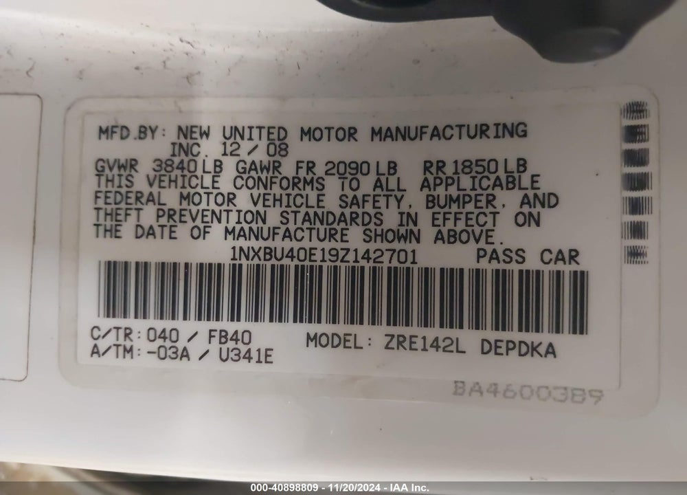2009 TOYOTA COROLLA VIN: 1NXBU40E19Z142701