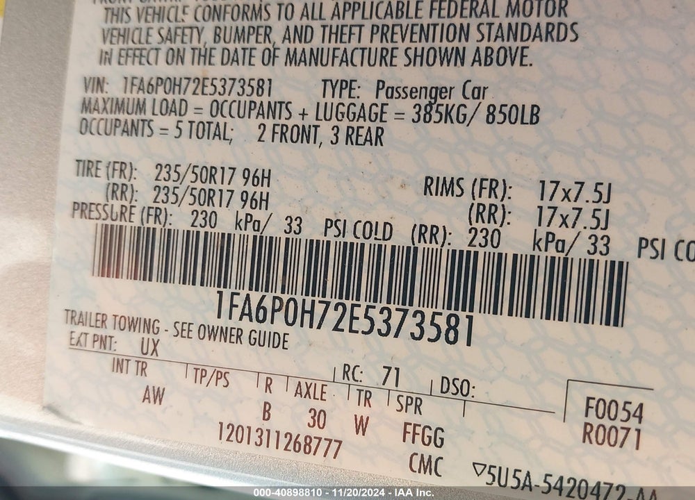2014 FORD FUSION SE VIN: 1FA6P0H72E5373581