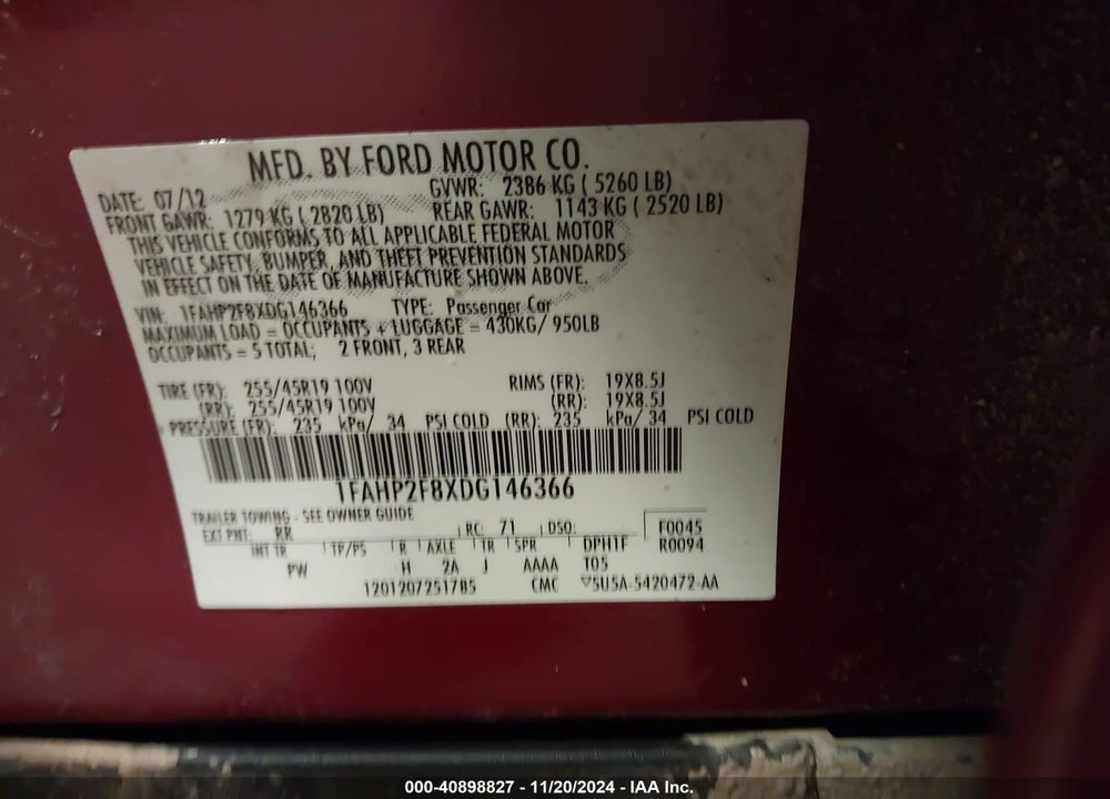 2013 FORD TAURUS VIN: 1FAHP2F8XDG146366
