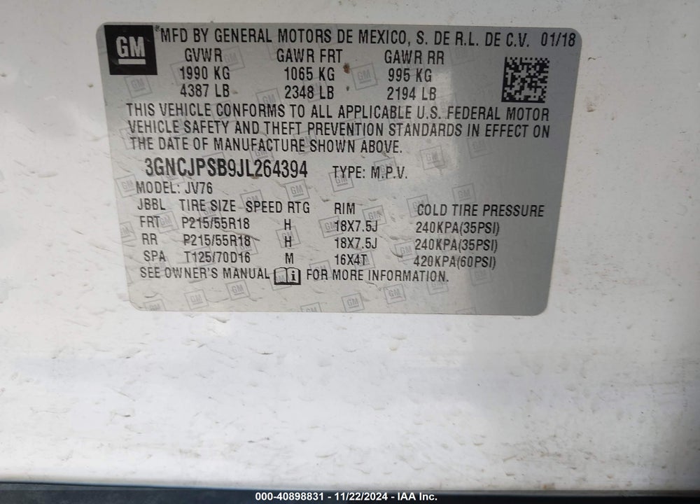 2018 CHEVROLET TRAX LT VIN: 3GNCJPSB9JL264394
