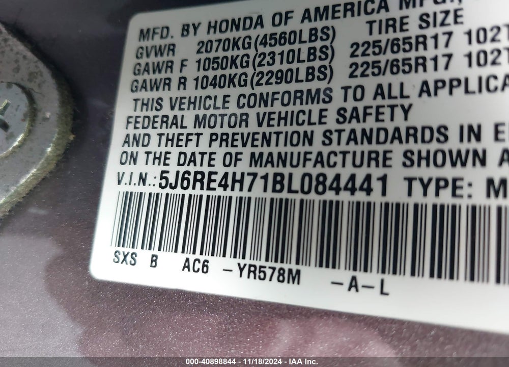2011 HONDA CR-V EX-L VIN: 5J6RE4H71BL084441