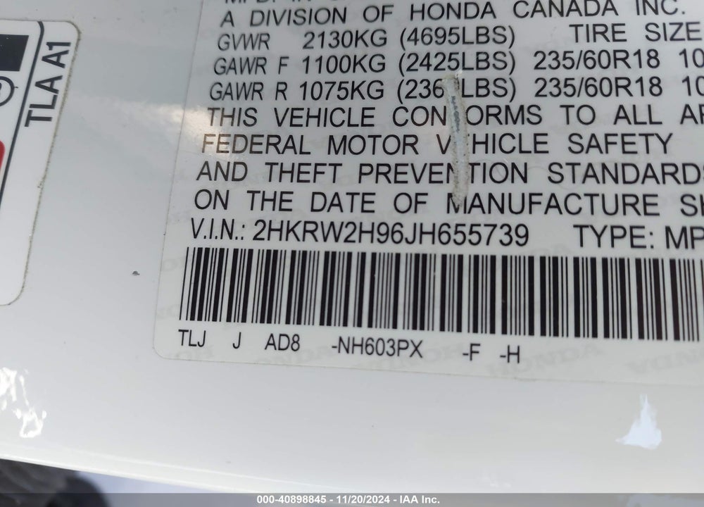 2018 HONDA CR-V TOURING VIN: 2HKRW2H96JH655739