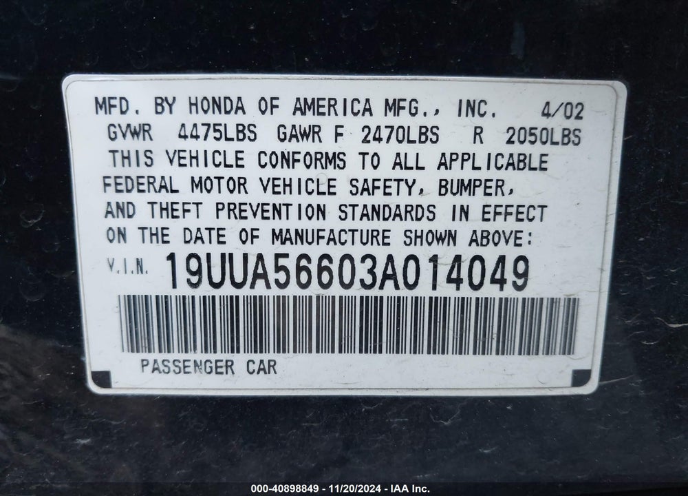 2003 ACURA TL 3.2 VIN: 19UUA56603A014049