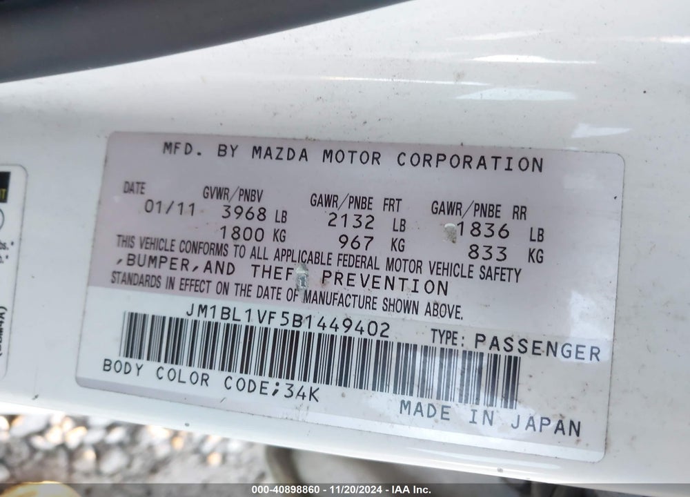 2011 MAZDA 3 I TOURING VIN: JM1BL1VF5B1449402