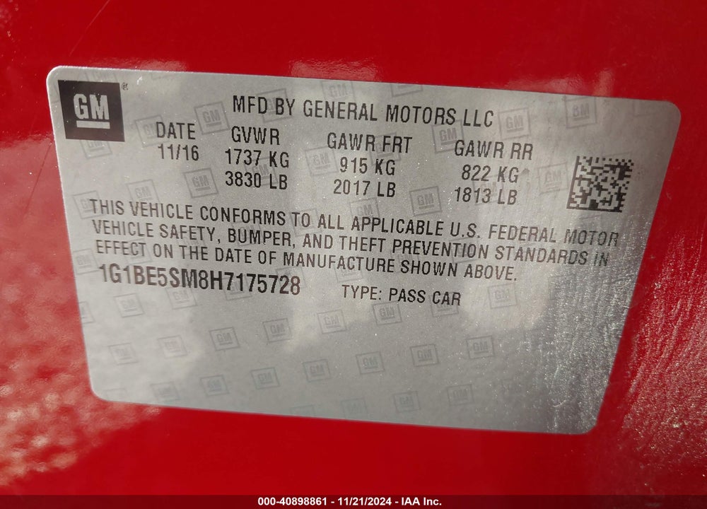 2017 CHEVROLET CRUZE LT AUTO VIN: 1G1BE5SM8H7175728