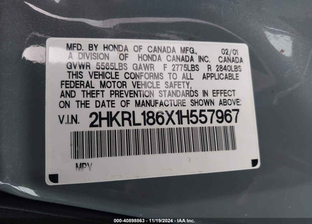 2001 HONDA ODYSSEY EX VIN: 2HKRL186X1H557967