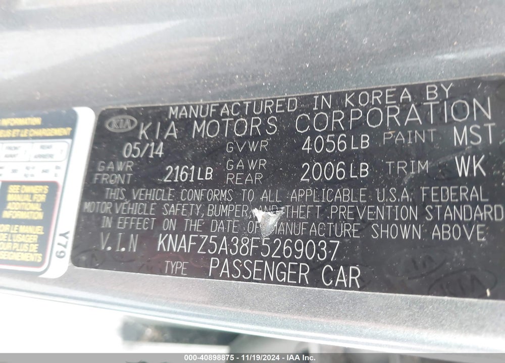 2015 KIA FORTE SX VIN: KNAFZ5A38F5269037