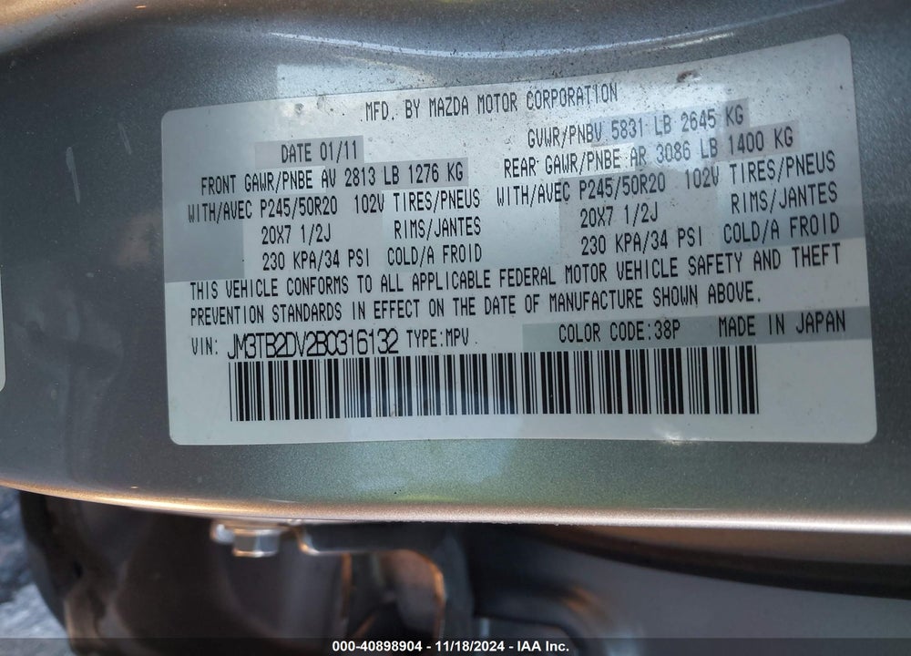 2011 MAZDA CX-9 GRAND TOURING VIN: JM3TB2DV2B0316132