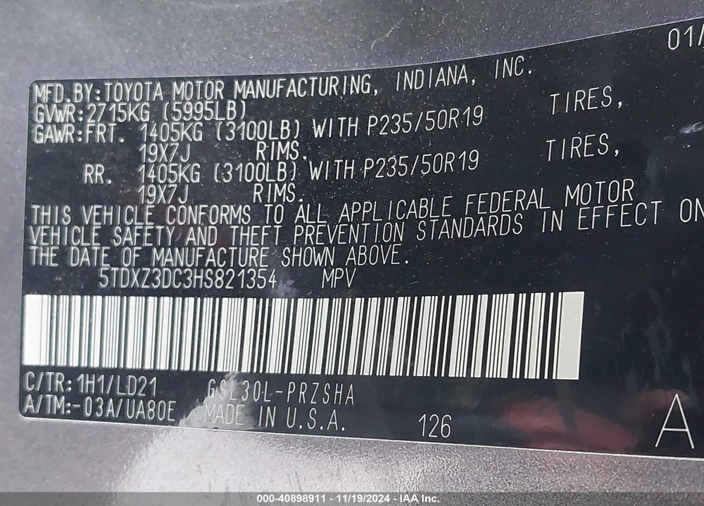 2017 TOYOTA SIENNA SE VIN: 5TDXZ3DC3HS821354