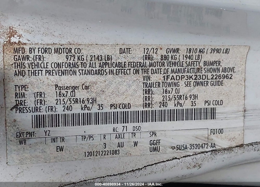 2013 FORD FOCUS SE VIN: 1FADP3K23DL226962
