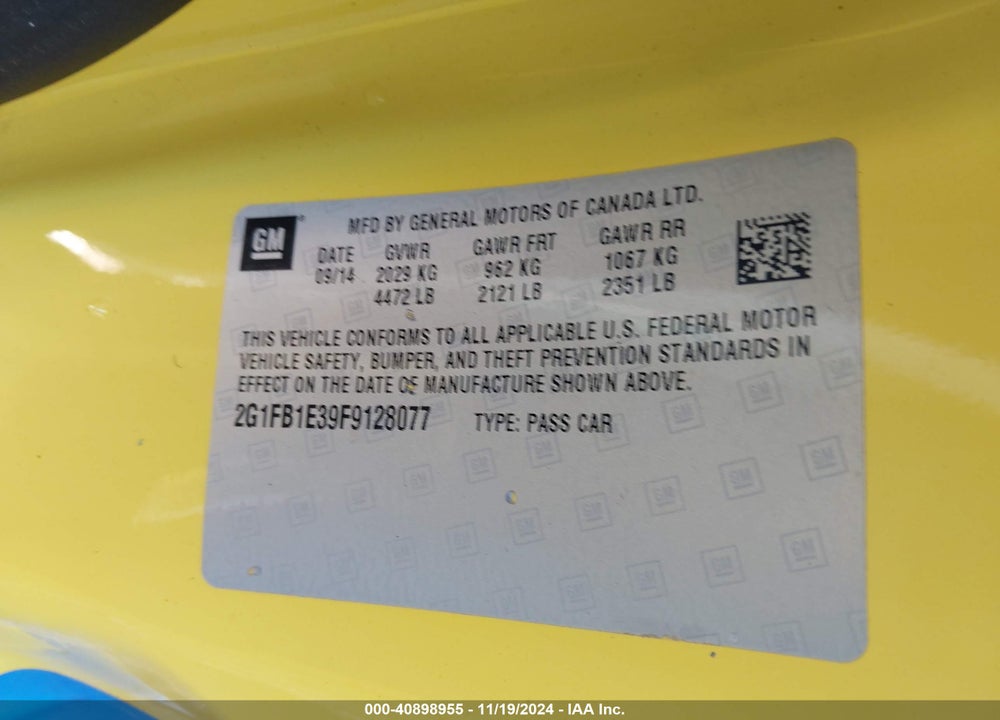 2015 CHEVROLET CAMARO 2LS VIN: 2G1FB1E39F9128077