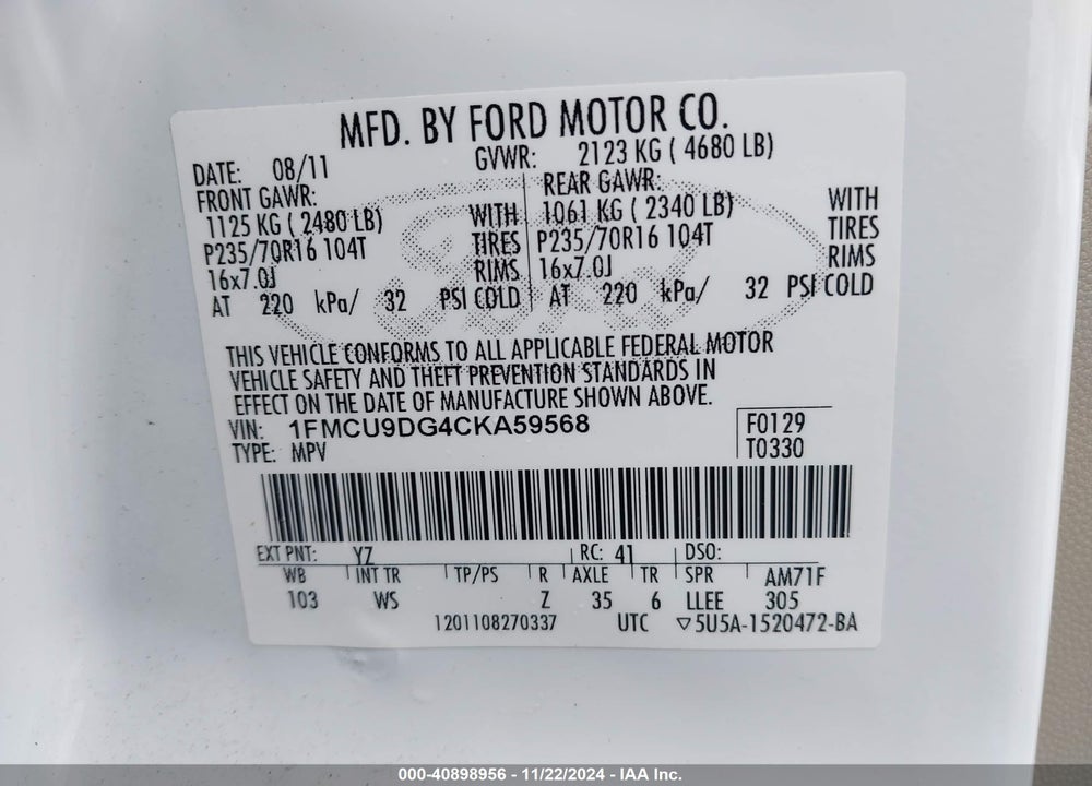 2012 FORD ESCAPE XLT VIN: 1FMCU9DG4CKA59568