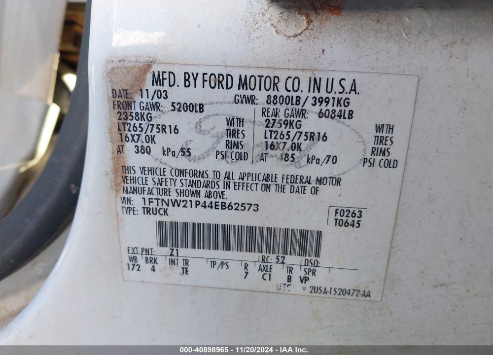2004 FORD F250 SUPER DUTY VIN: 1FTNW21P44EB62573