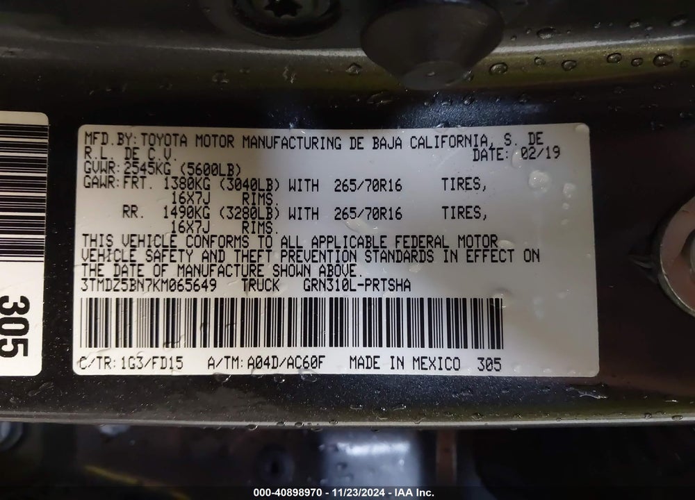 2019 TOYOTA TACOMA 4WD TRD OFF ROAD VIN: 3TMDZ5BN7KM065649