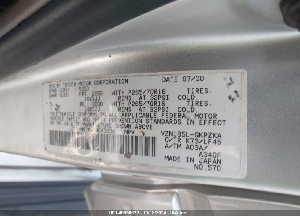 2000 TOYOTA 4RUNNER LIMITED V6 VIN: JT3HN87R5Y9043834