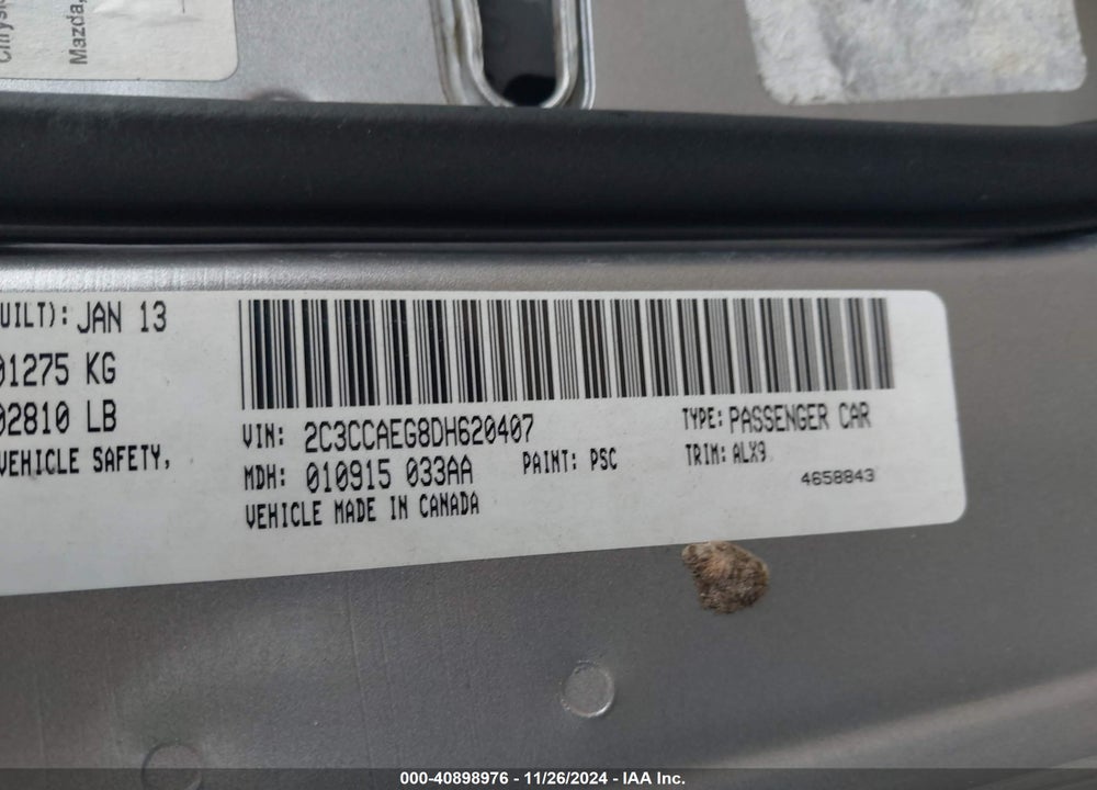 2013 CHRYSLER 300C VIN: 2C3CCAEG8DH620407