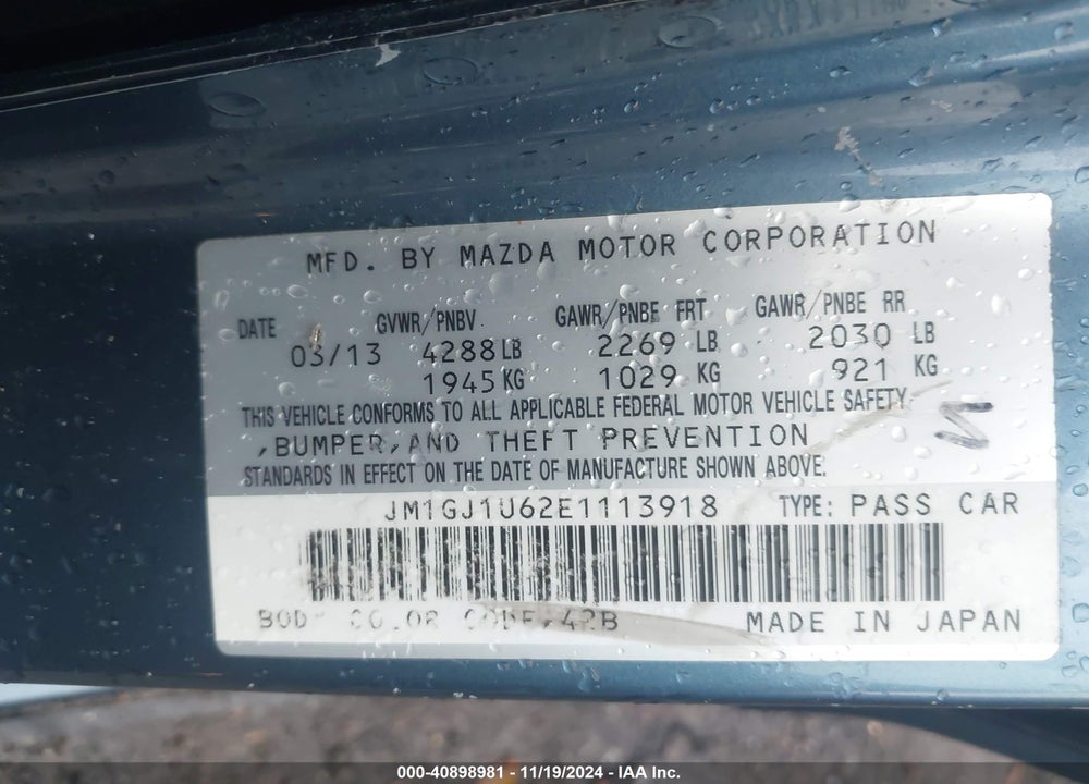 2014 MAZDA MAZDA6 VIN: JM1GJ1U62E1113918