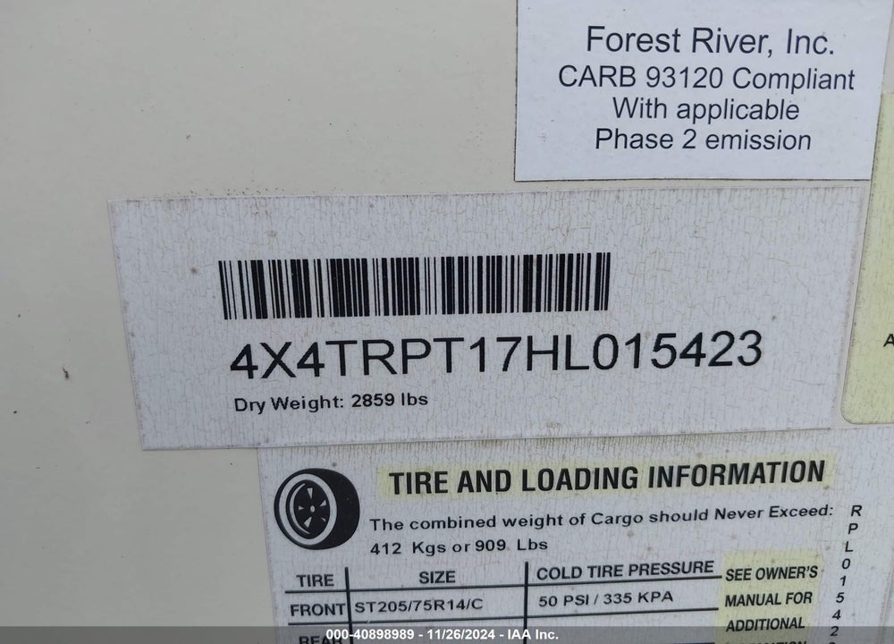 2017 FOREST RIVER OTHER VIN: 4X4TRPT17HL015423