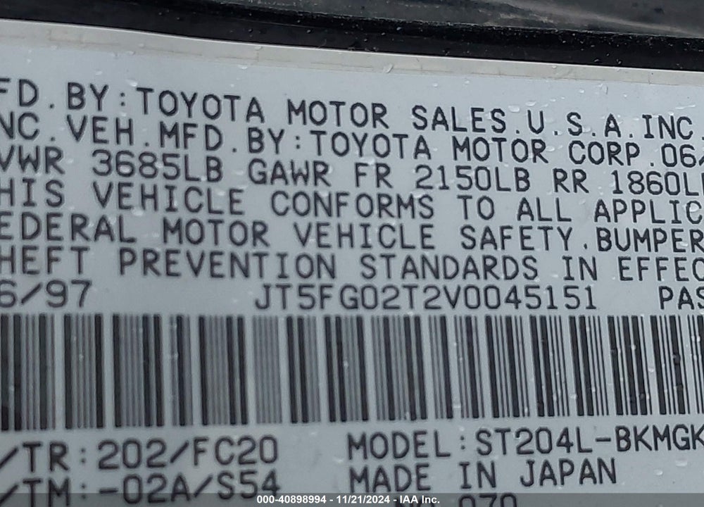 1997 TOYOTA CELICA GT VIN: JT5FG02T2V0045151