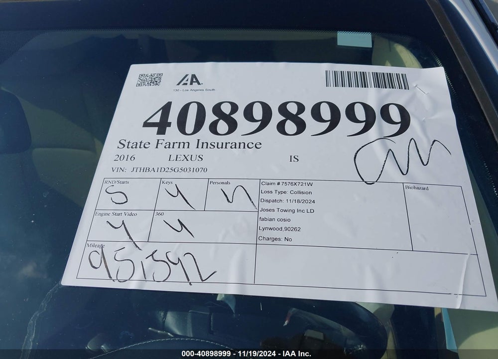 2016 LEXUS IS 200T VIN: JTHBA1D25G5031070