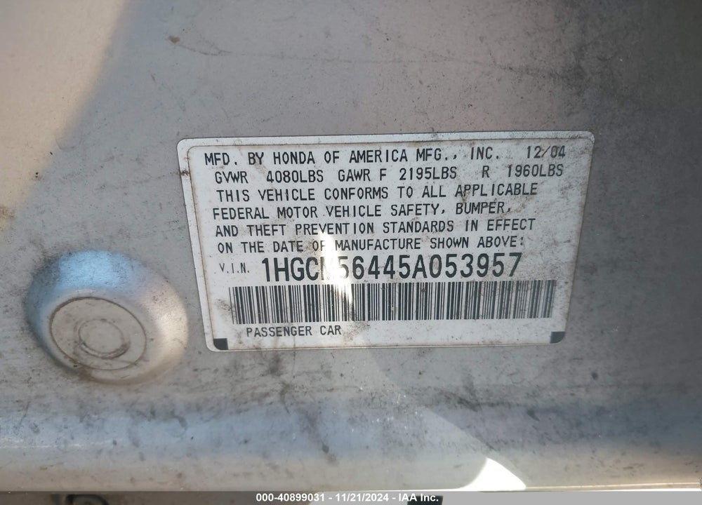 2005 HONDA ACCORD 2.4 LX VIN: 1HGCM56445A053957