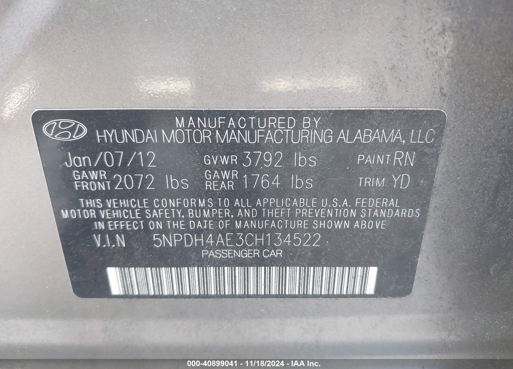 2012 HYUNDAI ELANTRA GLS VIN: 5NPDH4AE3CH134522