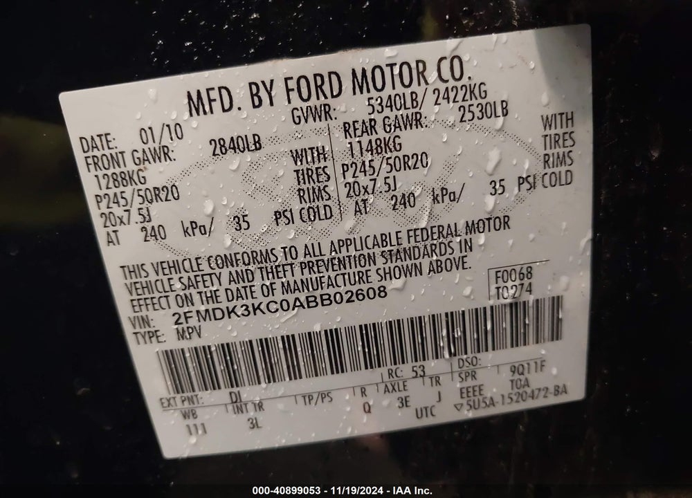 2010 FORD EDGE LIMITED VIN: 2FMDK3KC0ABB02608