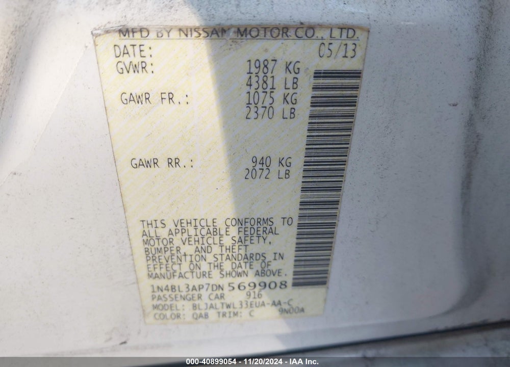 2013 NISSAN ALTIMA 3.5 SV VIN: 1N4BL3AP7DN569908