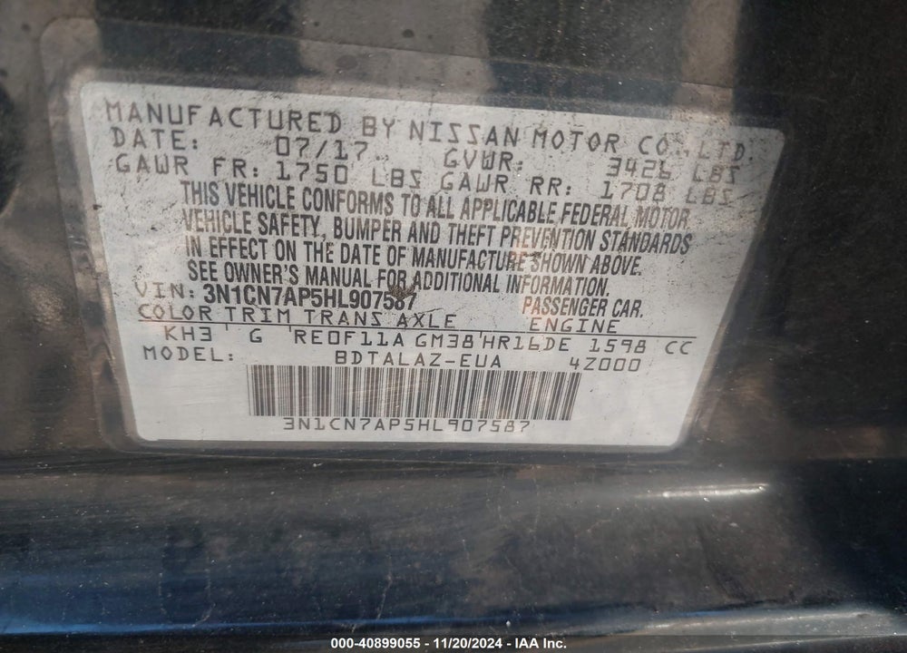 2017 NISSAN VERSA VIN: 3N1CN7AP5HL907587