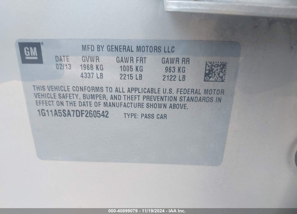 2013 CHEVROLET MALIBU 1FL VIN: 1G11A5SA7DF260542