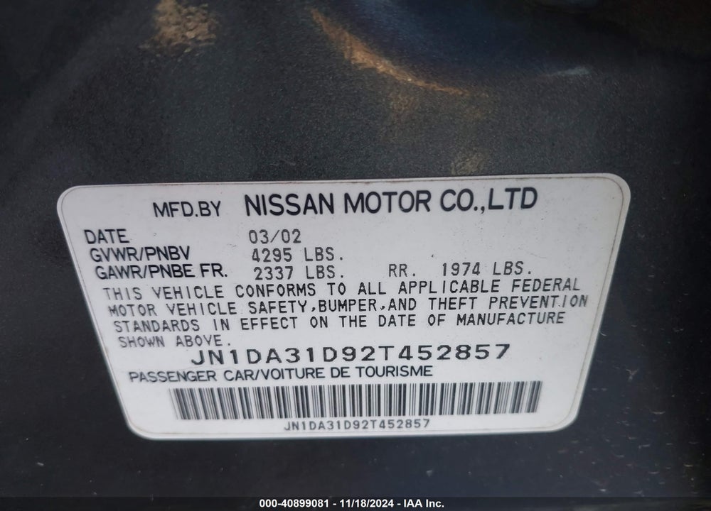 2002 NISSAN MAXIMA SE VIN: JN1DA31D92T452857