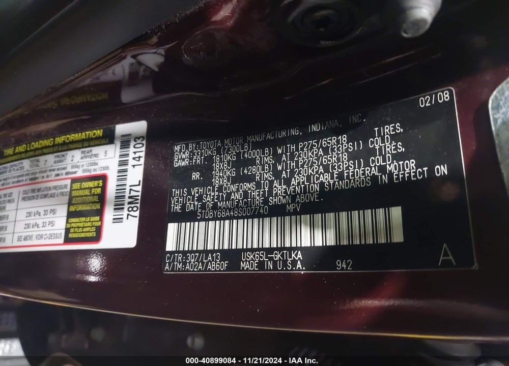 2008 TOYOTA SEQUOIA LIMITED 5.7L V8 VIN: 5TDBY68A48S007740