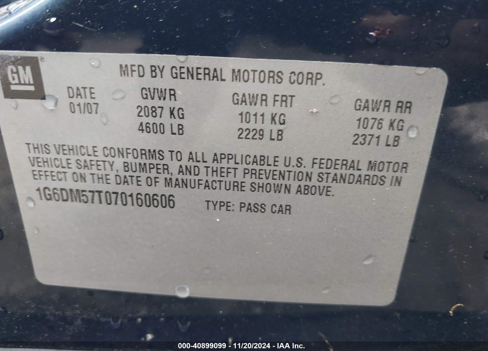 2007 CADILLAC CTS VIN: 1G6DM57T070160606