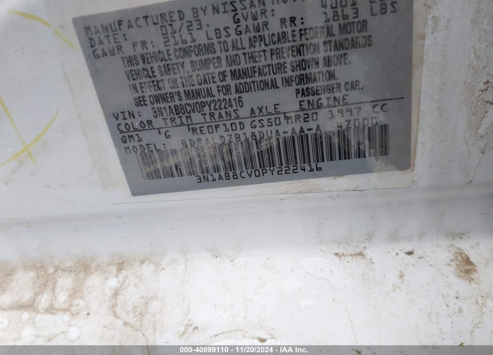 2023 NISSAN SENTRA SV XTRONIC CVT VIN: 3N1AB8CV0PY222416