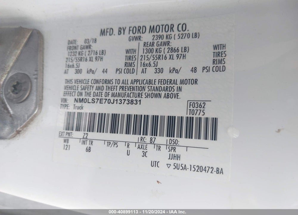 2018 FORD TRANSIT CONNECT XL VIN: NM0LS7E70J1373831