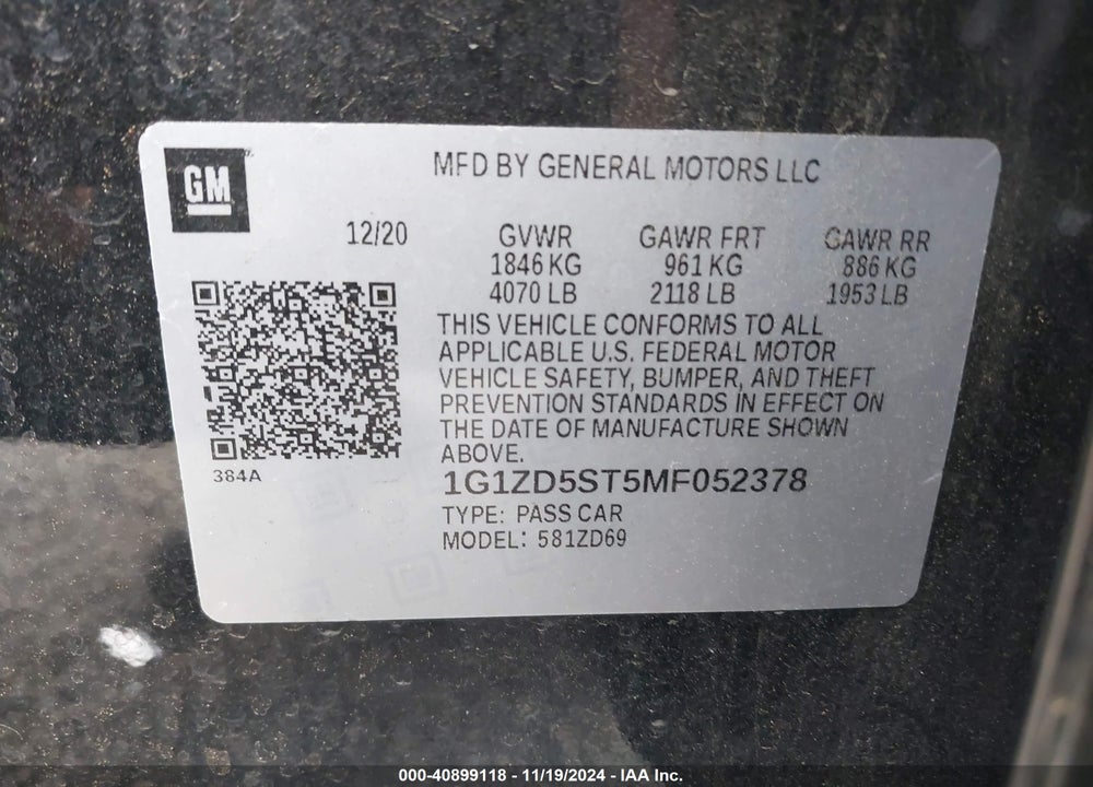 2021 CHEVROLET MALIBU FWD LT VIN: 1G1ZD5ST5MF052378