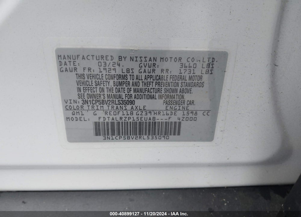 2024 NISSAN KICKS S XTRONIC CVT VIN: 3N1CP5BV2RL535090