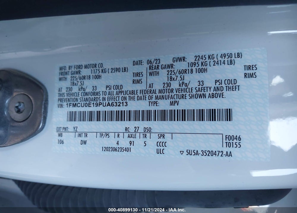 2023 FORD ESCAPE PHEV VIN: 1FMCU0E19PUA63213