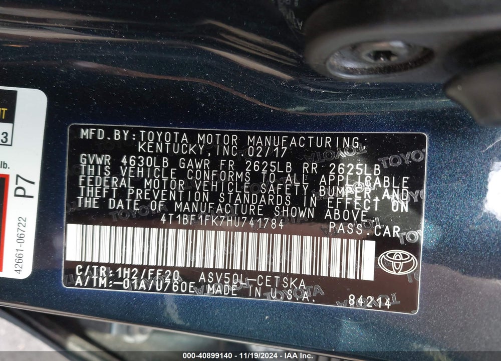2017 TOYOTA CAMRY SE VIN: 4T1BF1FK7HU741784