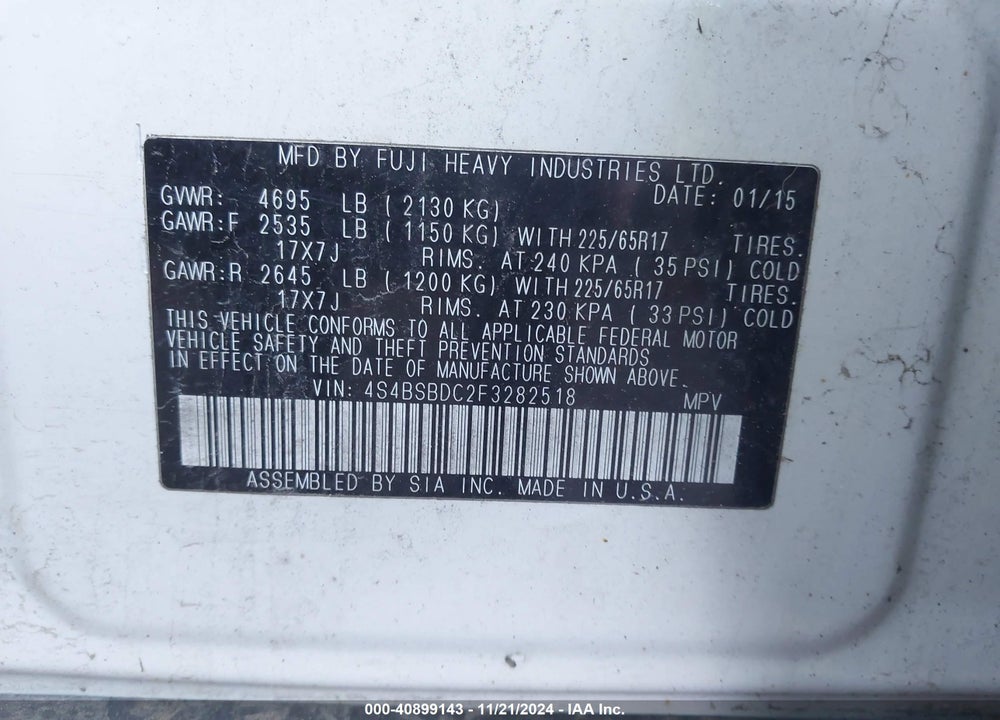 2015 SUBARU OUTBACK 2.5I PREMIUM VIN: 4S4BSBDC2F3282518