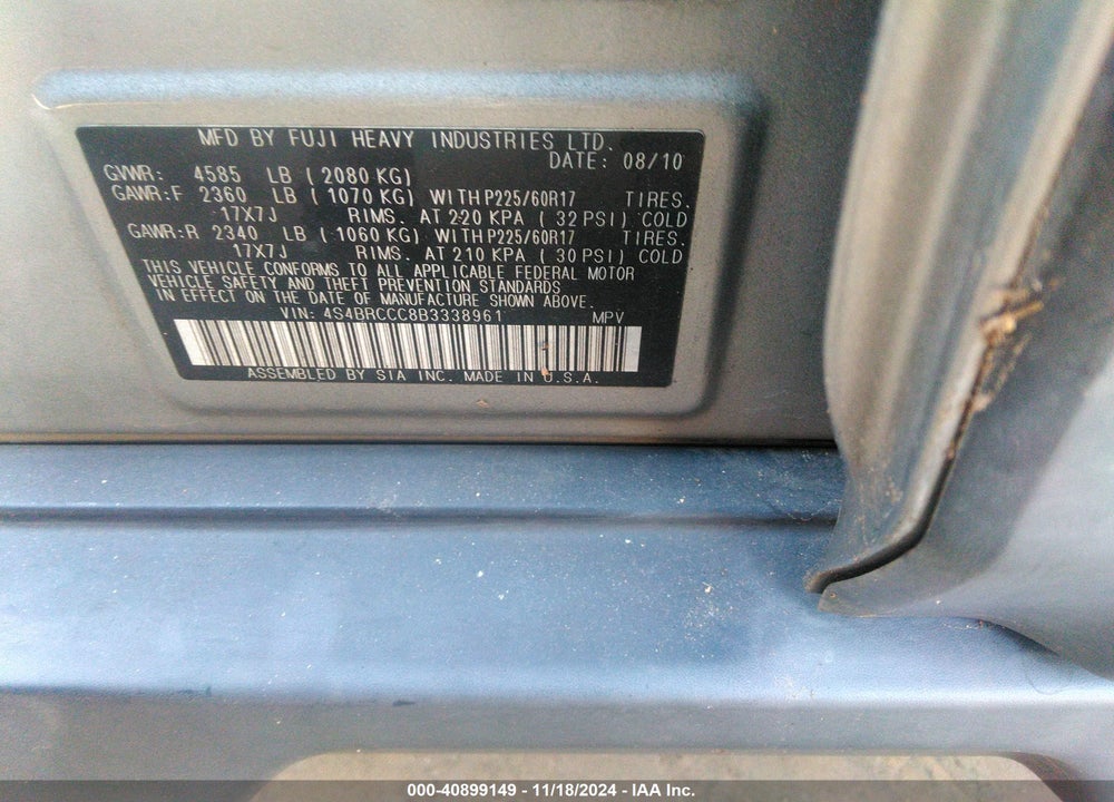 2011 SUBARU OUTBACK 2.5I PREMIUM VIN: 4S4BRCCC8B3338961
