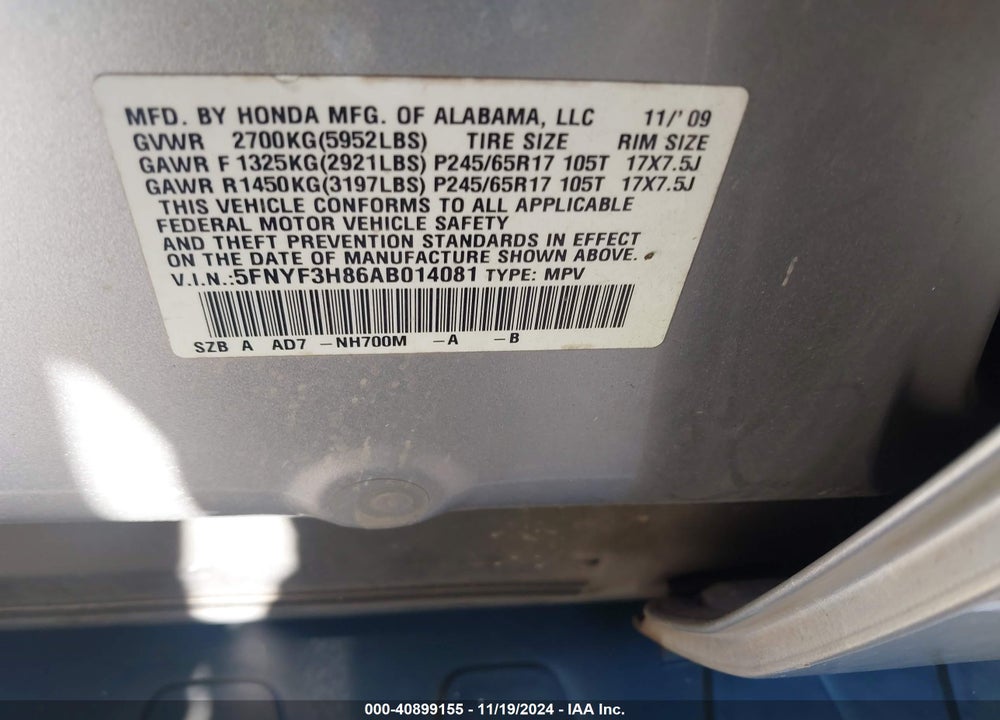 2010 HONDA PILOT TOURING VIN: 5FNYF3H86AB014081