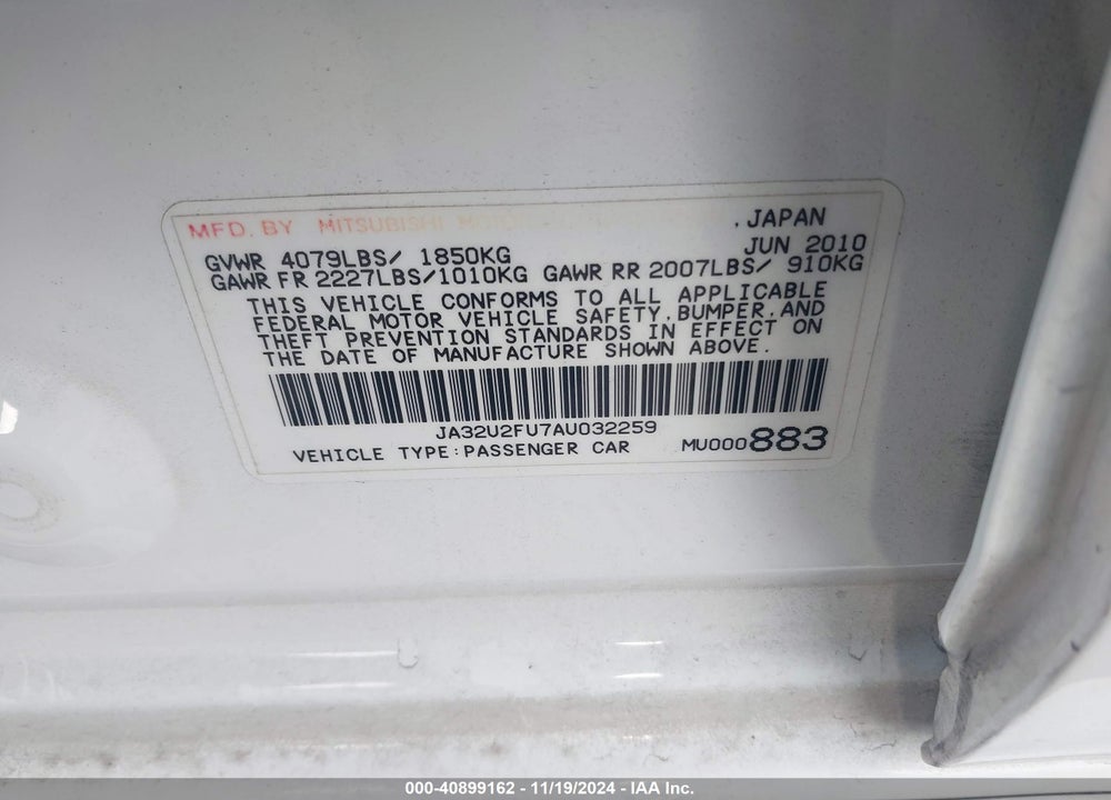 2010 MITSUBISHI LANCER ES VIN: JA32U2FU7AU032259