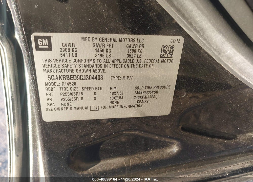 2012 BUICK ENCLAVE CONVENIENCE VIN: 5GAKRBED9CJ304403