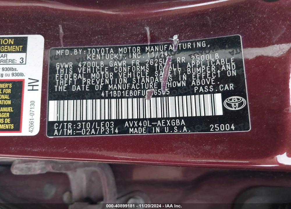 2015 TOYOTA AVALON HYBRID XLE TOURING VIN: 4T1BD1EB0FU036555