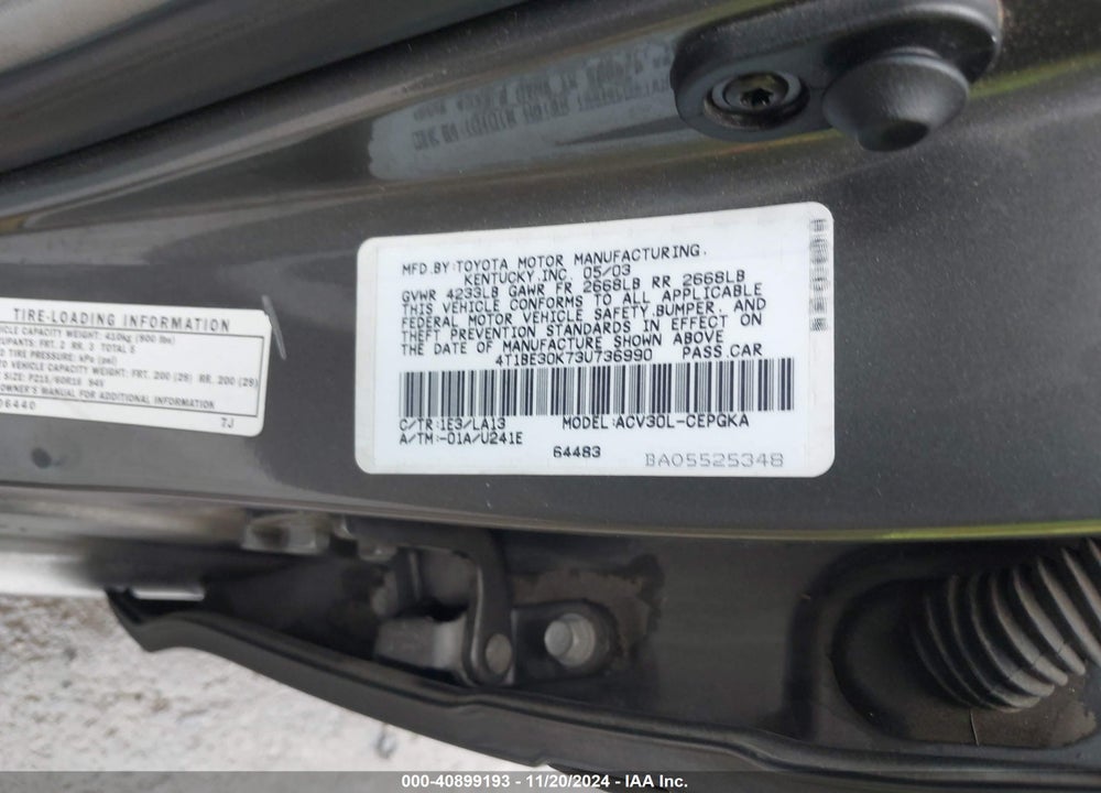 2003 TOYOTA CAMRY XLE VIN: 4T1BE30K73U736990